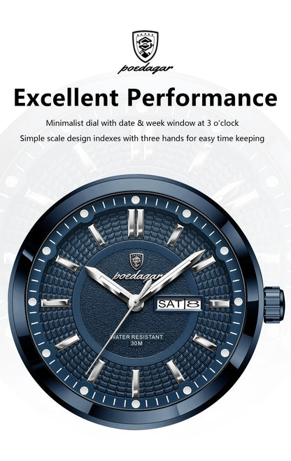 POEDAGAR Sport Original Men Clock Quartz Date Week Luxury Man Wristwatch Waterproof Luminous Stainless Steel Men's Watches Reloj