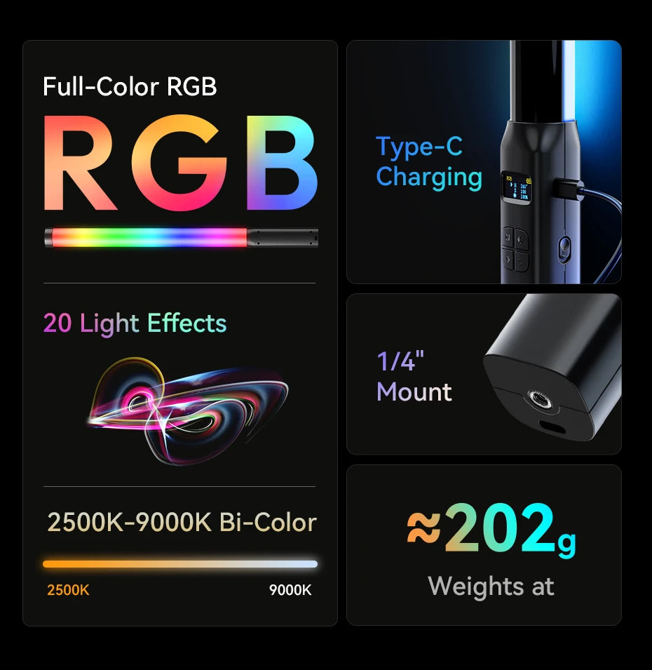 Ulanzi Upgraded VL119 Stick Light 10W RGB Light Wand Handheld Stick for Protrait Photography Live Streaming with Type-C Charging