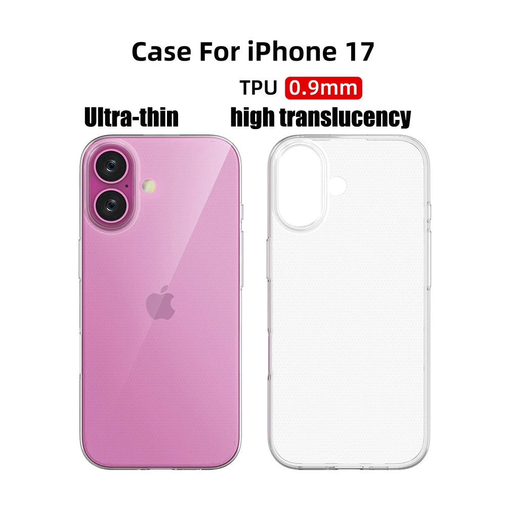 Ultra thin 0.9mm Case For iphone 17 pro max 17 air 16 16e Does not affect wireless charging highly transparent TPU soft cover