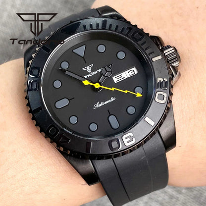 Tandorio NH36A Black PVD 40mm Automatic Men's Watch Week Date Display Rotating Bezel Sapphire Glass Yellow Flash Second Rubber