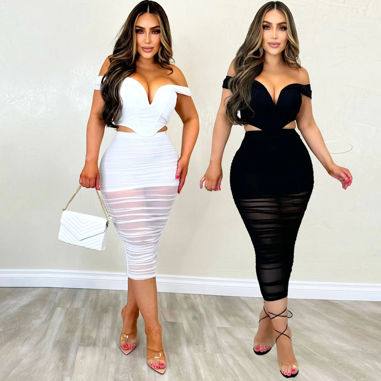 Slimming Mesh Splice Bum Covering Visibility Elastic Off-Shoulder 2-Piece Set European And American Style