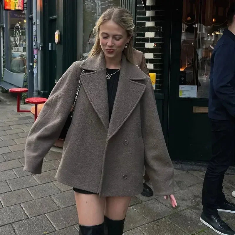 Women's Double Breasted Wool Coat Autumn Winter Fashion Lapel Long Sleeves Short Blazer Jacket Elegant Solid Warm Loose Outwear