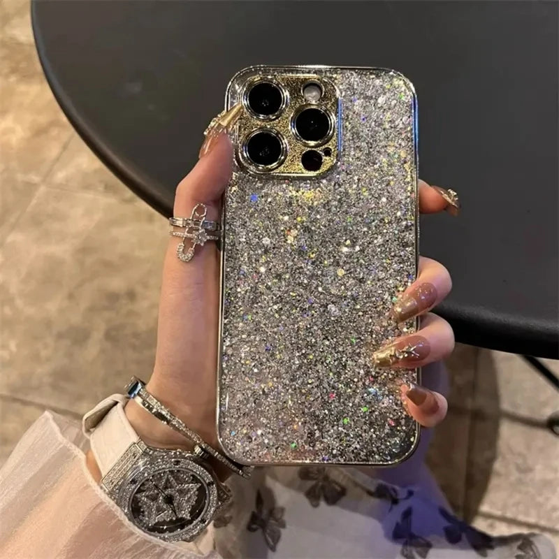 Luxury Silver Sequin Glitter Plating Phone Case For iPhone 17 Air 11 12 13 14 15 16 Pro Max Plus Bling Shockproof Bumper Cover