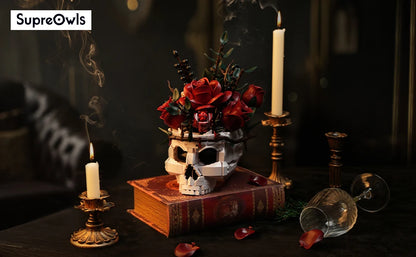 SupreOwls Skull Flowers Building Blocks Set Gothic Roses Bouquet Toy Skeleton Planter Pot Floral Decor Halloween Gifts for Adult