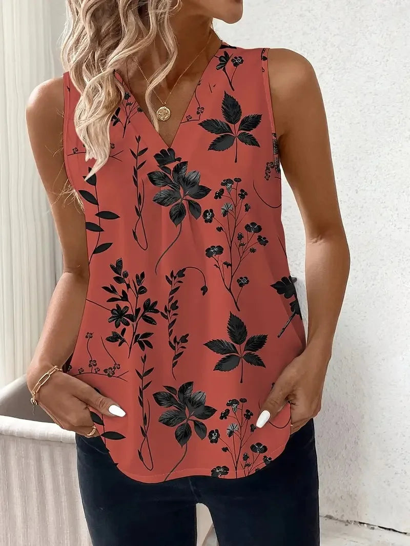 V-neck Vest New Fashion Plant Printed Sleeveless Top Pullover Simple Basic T-shirt