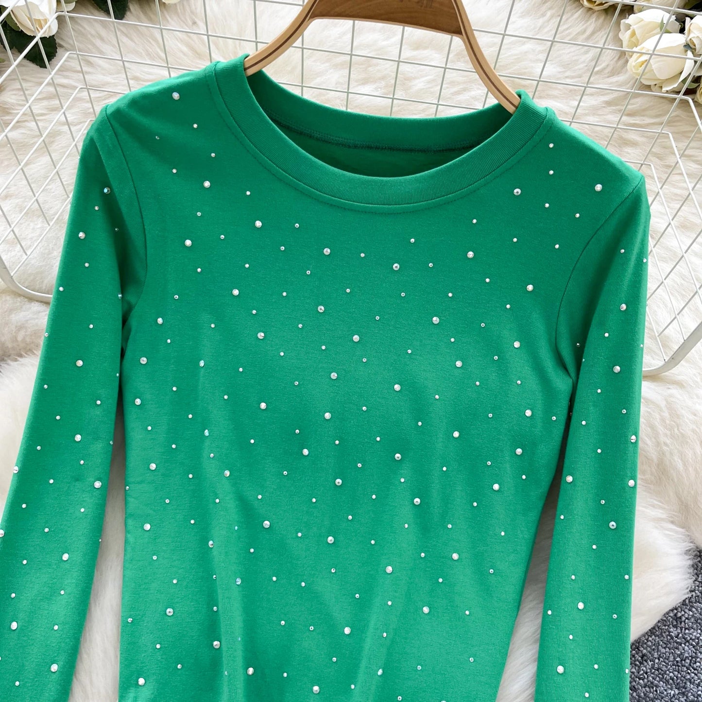 Long Sleeves Hotsweet O-neck Fashion Rhinestone Slim Top French Streetwear Sexy High Street Autumn Winter Women T-Shirts