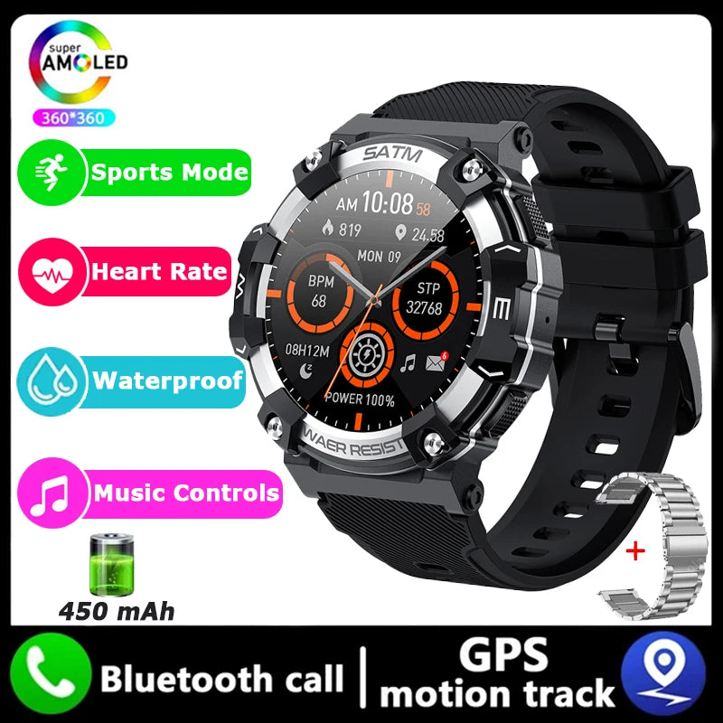 Outdoor Military Smartwatch For Men Health Monitor Bluetooth Call Voice Assistant GPS Sports Waterproof Men Smartwatch 2024