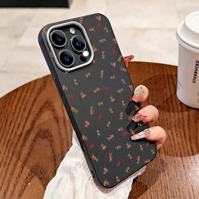 Retro Fashion Floral Leather Pattern Phone Case For iPhone 17 Air 16 15 14 13 12 11 Pro Max 16E 7 8 Plus XS SE2 Shockproof Cover