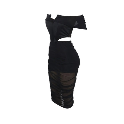 Slimming Mesh Splice Bum Covering Visibility Elastic Off-Shoulder 2-Piece Set European And American Style