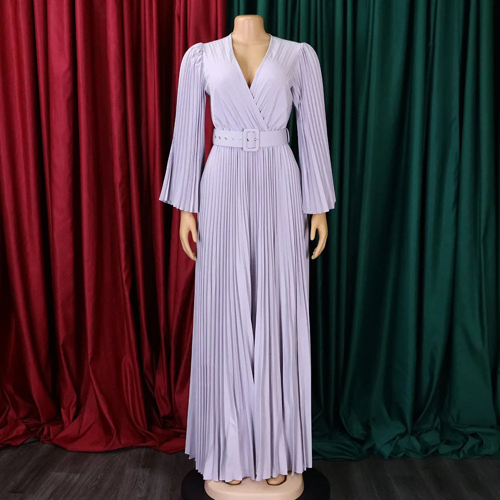 V-neck Flare Sleeve Big Swing Floor Length Maxi Long Dresses  Women Autumn Winter Party Prom Dress