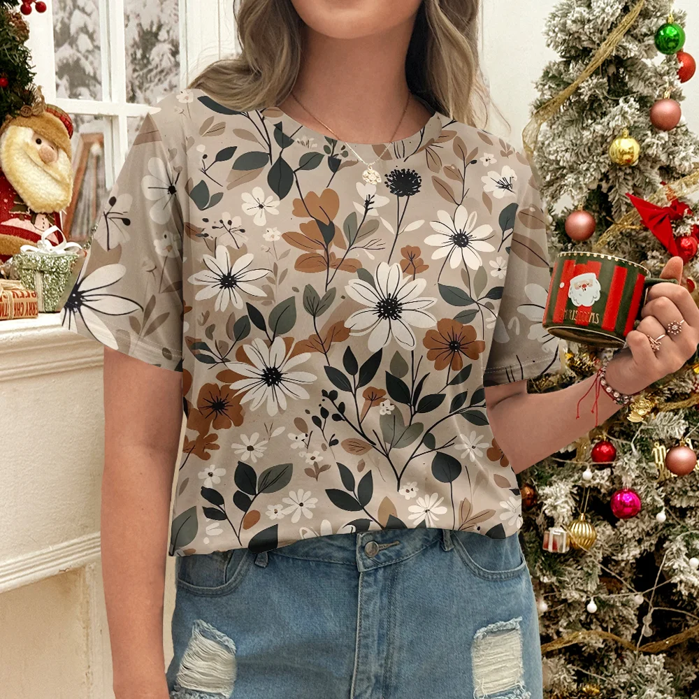 Elegant and artistic light coffee base floral print daily women's summer casual fashion short sleeved T-shirt