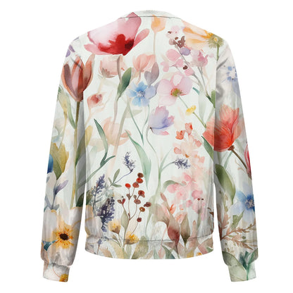 Women Elegant Zipper Bomber Jackets Spring Autumn Floral Printed Jackets Casual Coat Retro Outwear  Round Neck Zipper Jackets