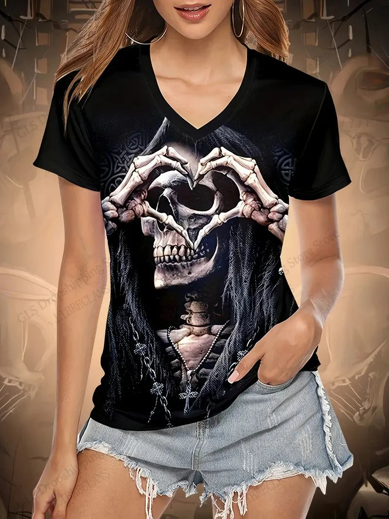 T-shirt Funny Skull 3d Print Tshirt Women Fashion V-Neck Short Sleeve Oversized Tops Tees Female Clothing Halloween Tops