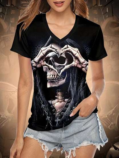T-shirt Funny Skull 3d Print Tshirt Women Fashion V-Neck Short Sleeve Oversized Tops Tees Female Clothing Halloween Tops