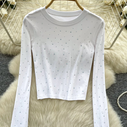 Long Sleeves Hotsweet O-neck Fashion Rhinestone Slim Top French Streetwear Sexy High Street Autumn Winter Women T-Shirts