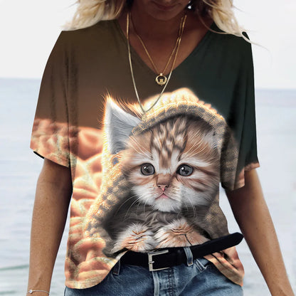 T-shirt Cat Print Short Sleeve Clothes Female Harajuku Tees Ladies T Shirt Oversized Tops Animal Women Clothing
