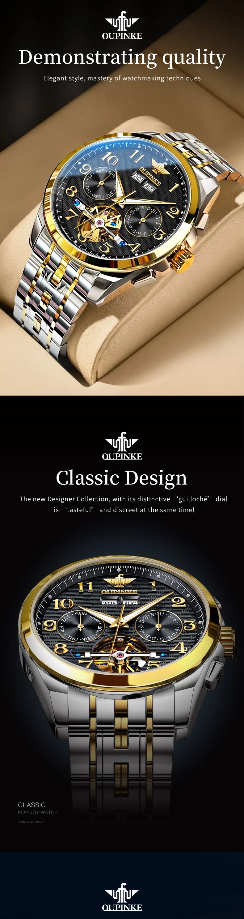 OUPINKE 3263 Automatic Mechanical Watch Multifunctional Dial Auto Date Waterproof Night light Watch Original Brand