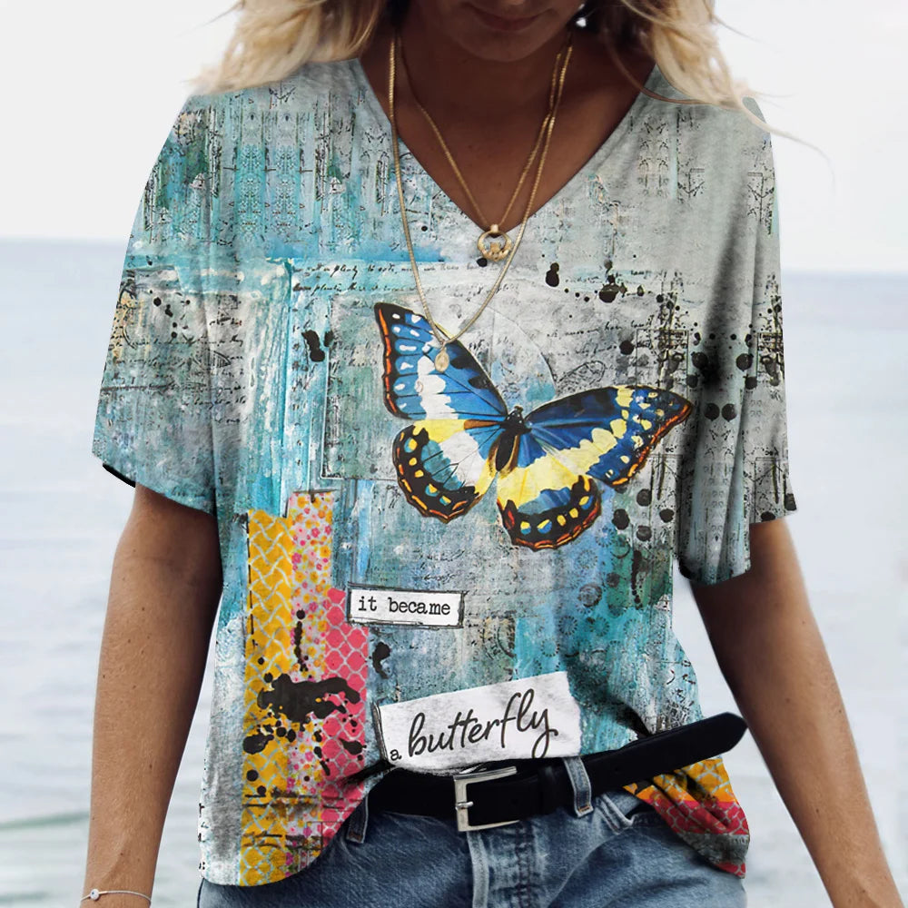 Summer Women's T-Shirt Vintage Casual Fashion V Neck Pullover Short Sleeve Butterfly Print Loose Daily Tops Design Clothing