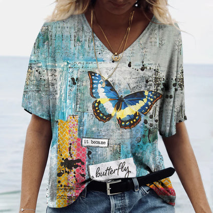 Summer Women's T-Shirt Vintage Casual Fashion V Neck Pullover Short Sleeve Butterfly Print Loose Daily Tops Design Clothing
