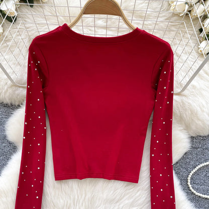 Long Sleeves Hotsweet O-neck Fashion Rhinestone Slim Top French Streetwear Sexy High Street Autumn Winter Women T-Shirts