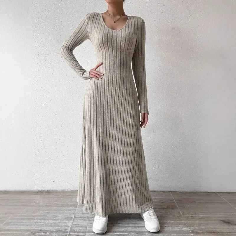 Long Sleeve A- Line Streetwear Dress For Women Smooths And Slims Your Silhouette Solid Color Long Dress