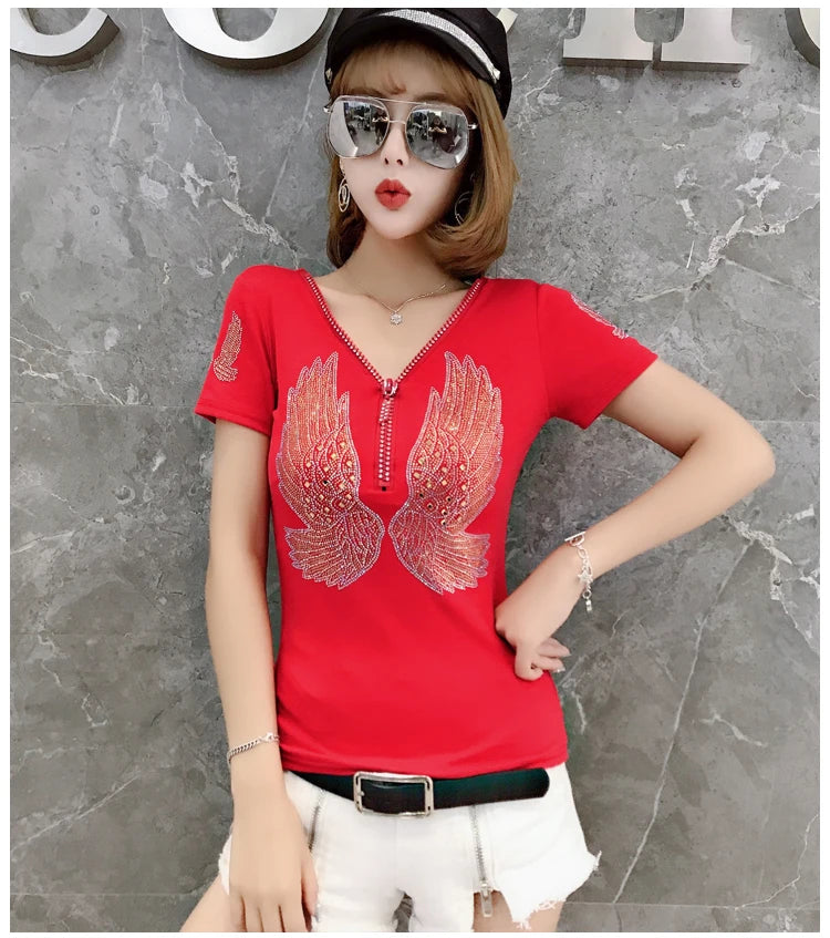 T-shirt For Summer Short Sleeve Pulovers Clothes Casual Aesthetic Cotton Tops Sexy V Neck Zipper Diamonds Tees