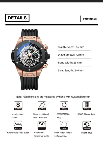 CHENXI Fashion Silicone Chronograph Watch Men Multifunctional Cool Luminous Quartz Starry Lunar Phases Timing Sport Wristwatches