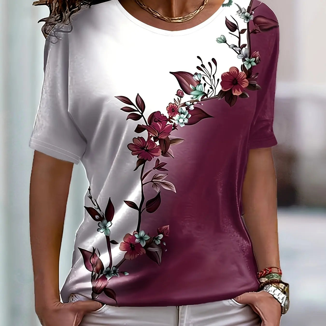 Colorful Rose Flower Print Round Neck Women's T-shirt Summer Versatile And Refreshing Y2K T-shirt