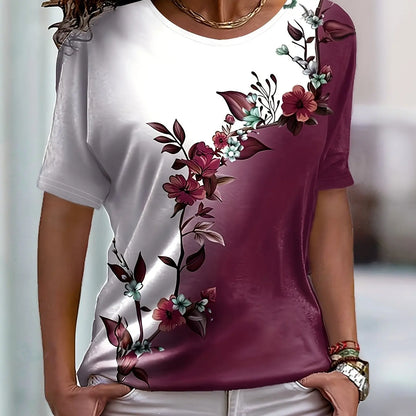 Colorful Rose Flower Print Round Neck Women's T-shirt Summer Versatile And Refreshing Y2K T-shirt