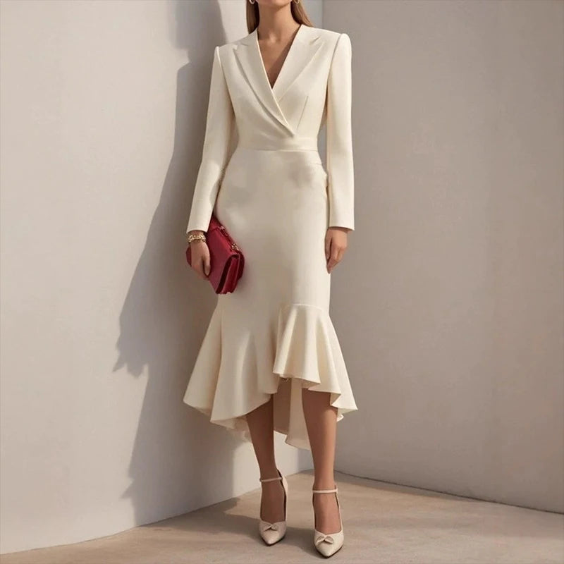 Lapel V-neck Fishtail Dress For Women Fashion Commute Hight Waist Solid Long Dress Casual Long Sleeve Ruffle Party Dress