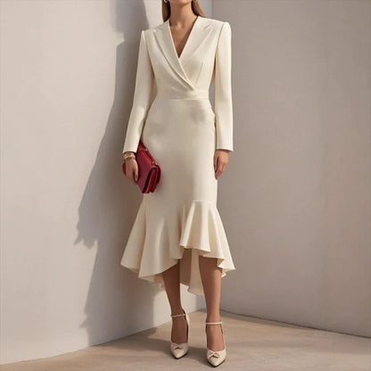 Lapel V-neck Fishtail Dress For Women Fashion Commute Hight Waist Solid Long Dress Casual Long Sleeve Ruffle Party Dress