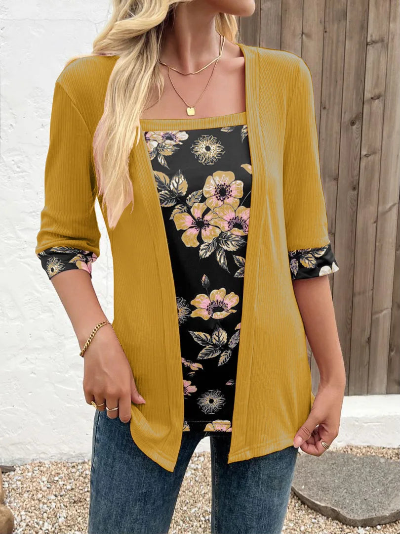 European,Clothes,Elastic,T-Shirt,Women,Chic,Sexy,Fake two pieces,Patchwork,Print,Tops,Half Sleeve,Loose,Tees,