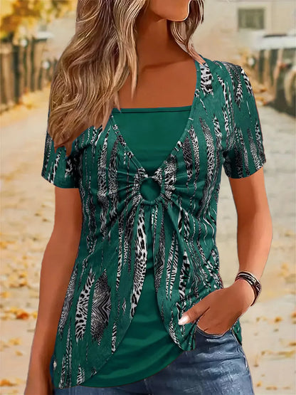 Elegant Square Neck Women's Short Sleeve T-Shirt - Ethnic Leopard Print False Two-Piece Top | Fashionable Streetwear