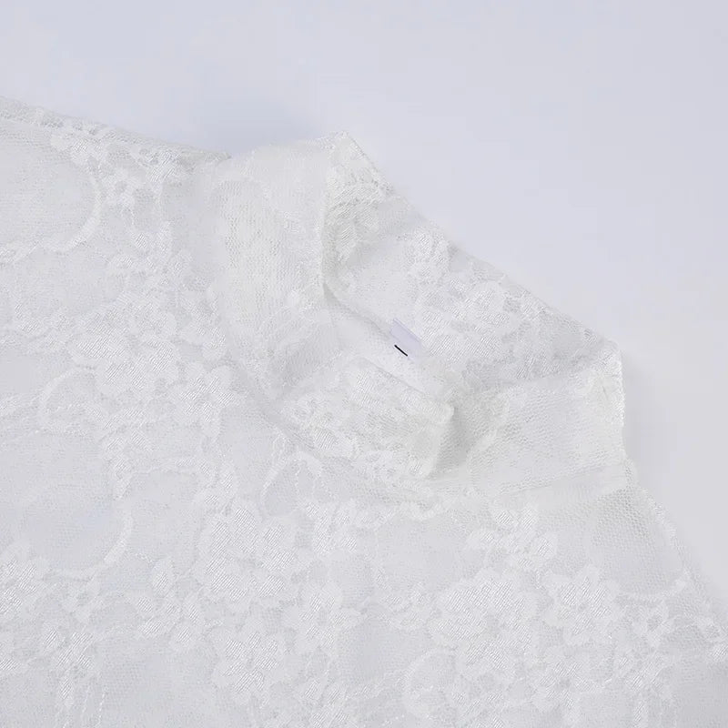Lace Blouse Shirts Summer Women Turtleneck Long Sleeve See Through Lace Patchwork Thin Tops