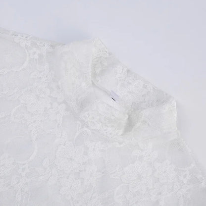 Lace Blouse Shirts Summer Women Turtleneck Long Sleeve See Through Lace Patchwork Thin Tops