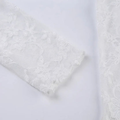 Lace Blouse Shirts Summer Women Turtleneck Long Sleeve See Through Lace Patchwork Thin Tops