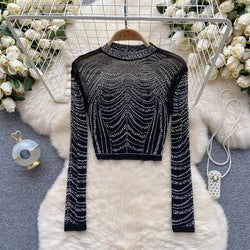 Thin See-tough Long Sve Me T-shirt ort Heavy-du Rhinestone Base irt Korean Sle Creative Pattern