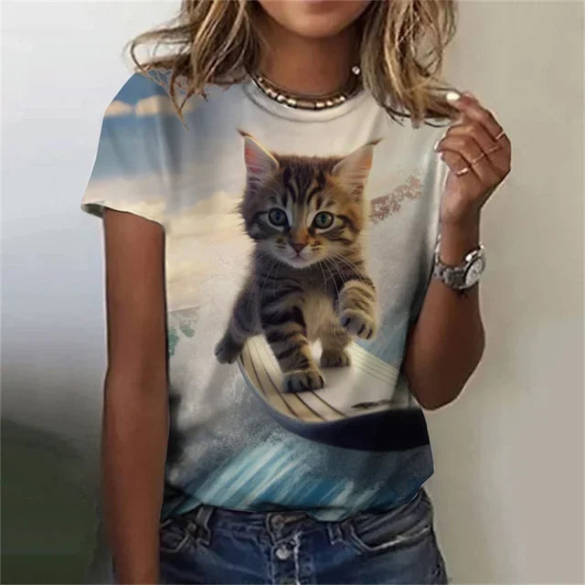 T-shirt 3D Printed Kawaii Cat Pattern Short Sleeved Round neck Top Summer Outdoor Casual Street Simple Clothing