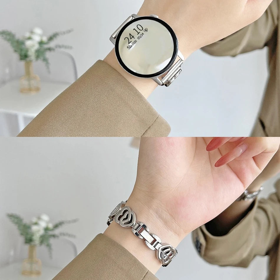 Band For Samsung Galaxy Watch 5/4 6 Classic 5 Pro Fashion Dual Heart Metal Bracelet Strap For Amazfit Bip/GTS Huawei GT2