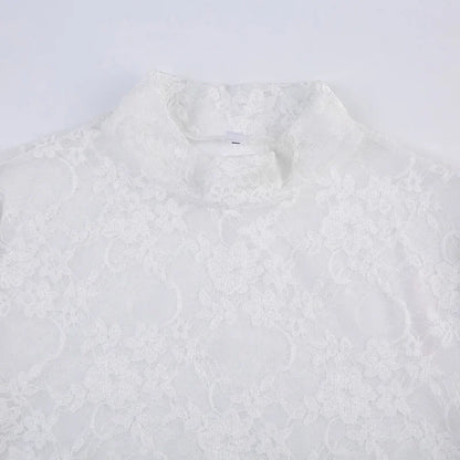 Lace Blouse Shirts Summer Women Turtleneck Long Sleeve See Through Lace Patchwork Thin Tops