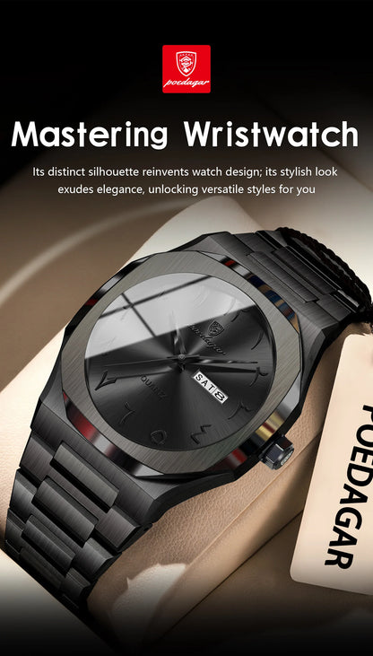 POEDAGAR Military Watch For Men Waterproof Luxury Week Calendar Man Wristwatch Quartz Stainless Steel Fashion Men's Watches Male