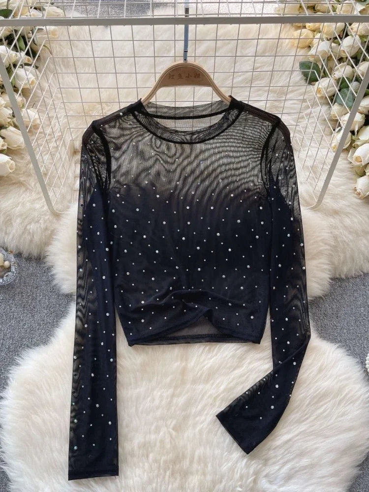 T-shirts Women Cropped Sequins Slim Sheer Solid Spring Summer Sexy Style Cozy Thin O-neck Clubwear European