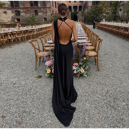 Elegant Ribbon Halter Dress Women Solid Off Shoulder Sleeveless Backless Slim Maxi Dresses 2025 Summer Autumn Party Robes Lady