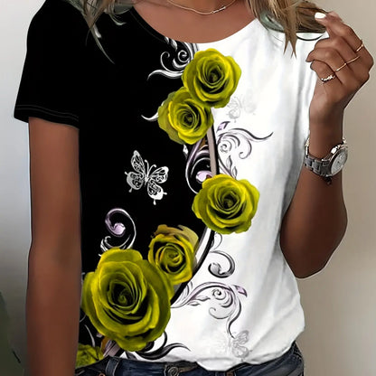 Colorful Rose Flower Print Round Neck Women's T-shirt Summer Versatile And Refreshing Y2K T-shirt