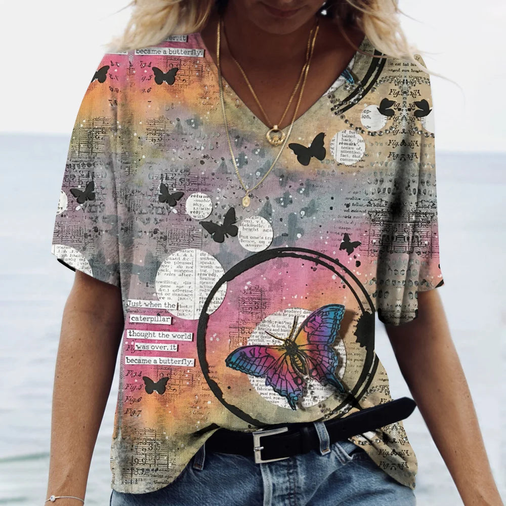 Summer Women's T-Shirt Vintage Casual Fashion V Neck Pullover Short Sleeve Butterfly Print Loose Daily Tops Design Clothing