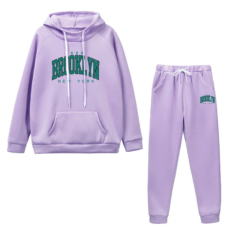 Women's Autumn Winter Casual Sports Jogging Suits Green Brooklyn Printed Hoodies and Sweatpants Girls Urban Fashion Warm Outfits