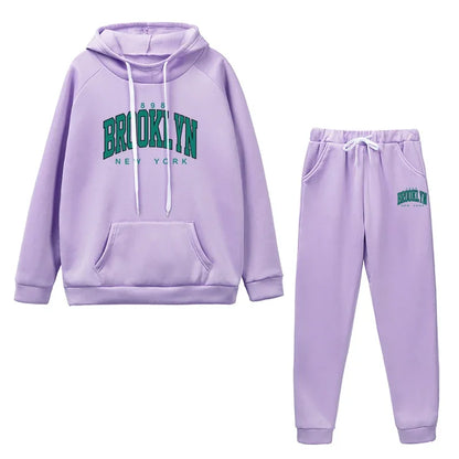 Women's Autumn Winter Casual Sports Jogging Suits Green Brooklyn Printed Hoodies and Sweatpants Girls Urban Fashion Warm Outfits