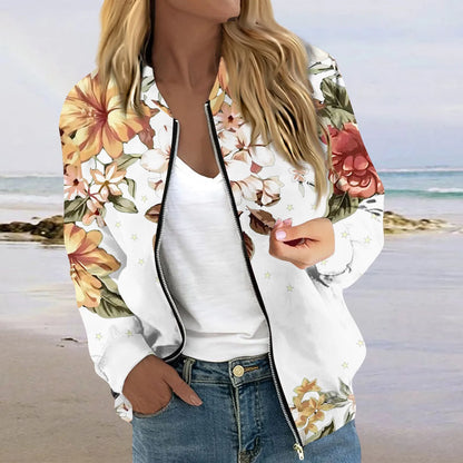 Women Elegant Zipper Bomber Jackets Spring Autumn Floral Printed Jackets Casual Coat Retro Outwear  Round Neck Zipper Jackets
