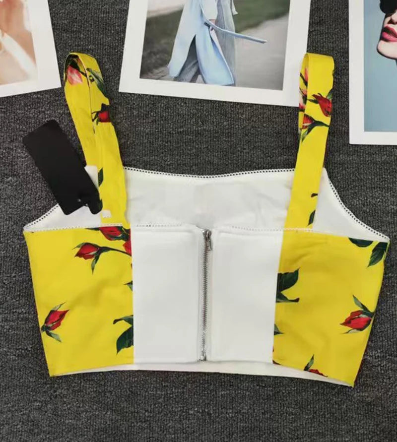 Elegant rose print sexy short tube top suspender top summer new female two-piece high waist pocket button big skirt fashion suit