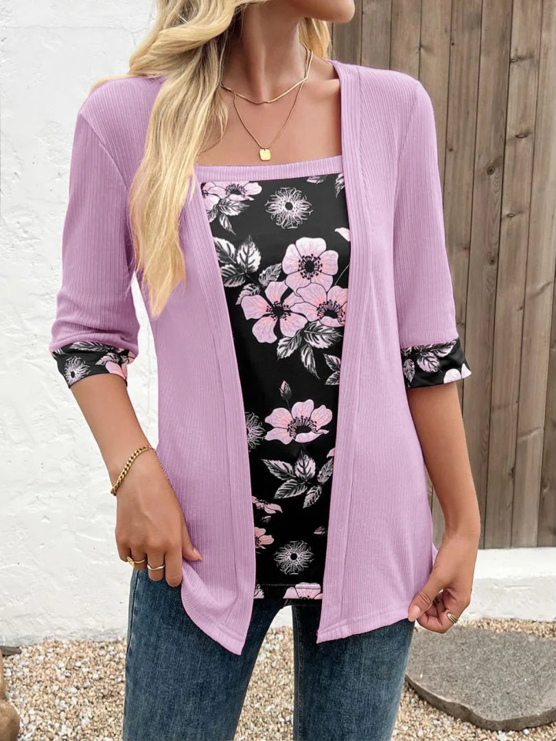 European,Clothes,Elastic,T-Shirt,Women,Chic,Sexy,Fake two pieces,Patchwork,Print,Tops,Half Sleeve,Loose,Tees,